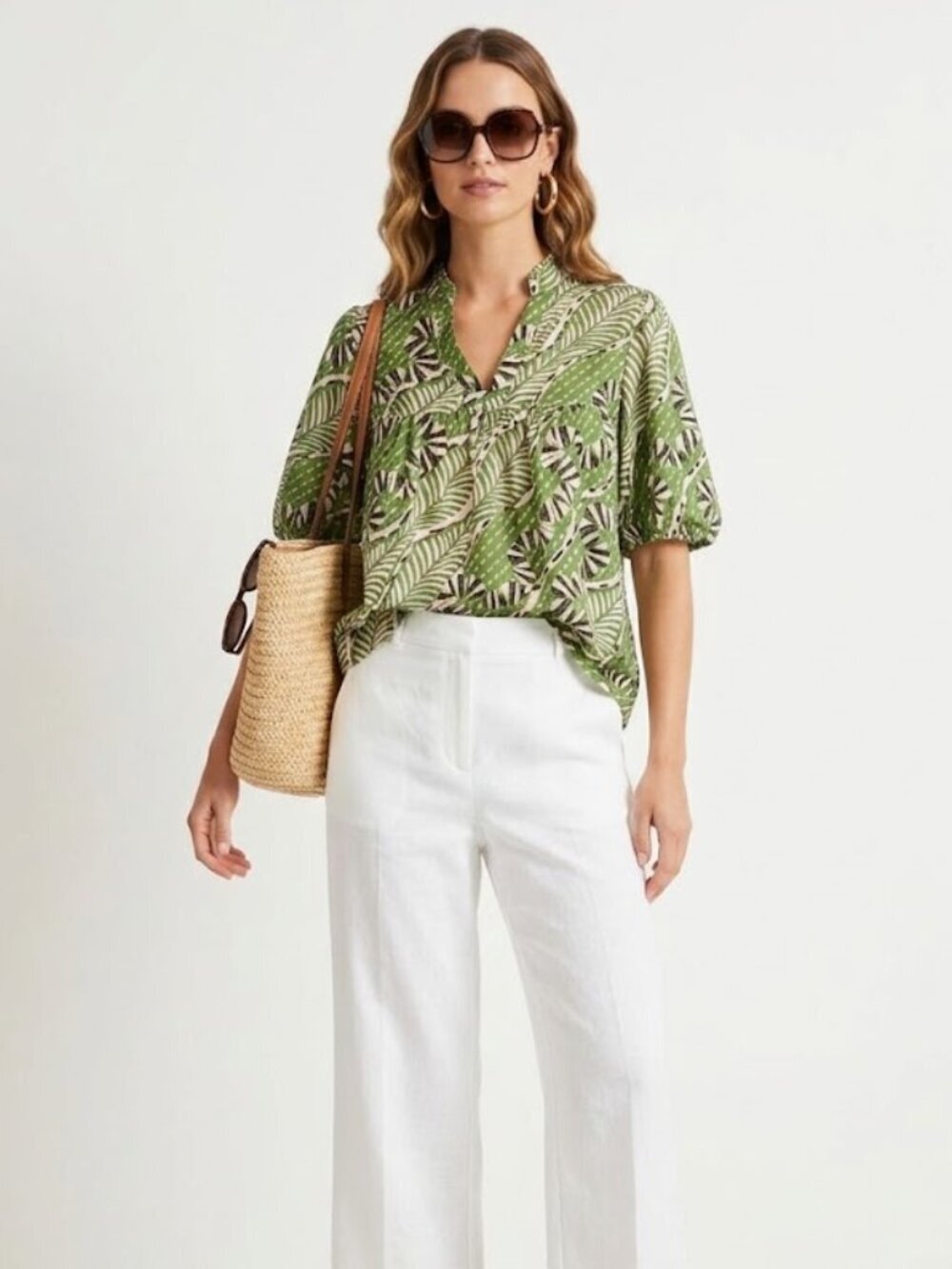 THML Green Tropical Satin Puff Sleeve Blouse S